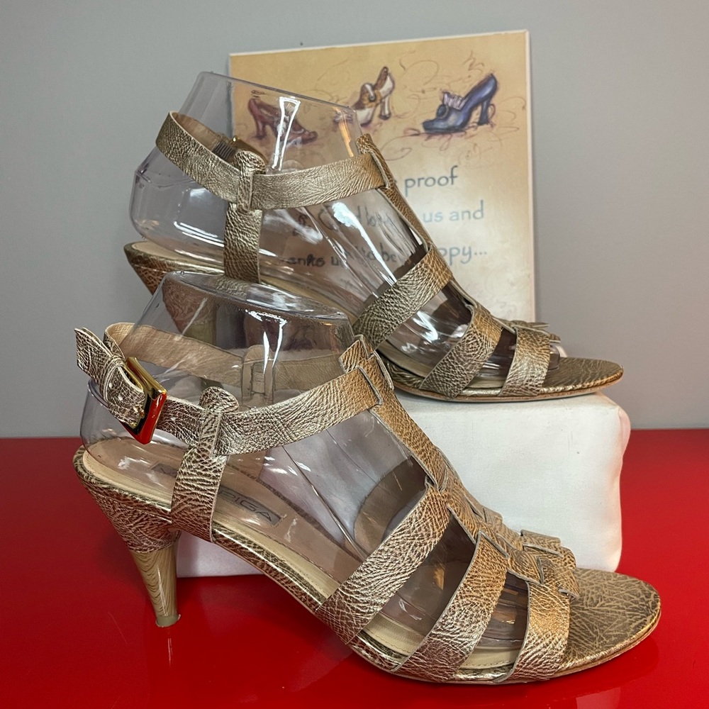Via Spiga Metallic Gold Leather Open Toe Straps Heel Sandal Shoes Size 8.5M